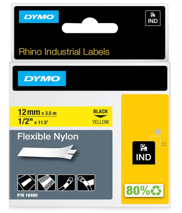 Dymo Rhino Industrial Flexible Nylon Labels, 1/2" x 11.5', Black Print on Yellow Tape, 18490