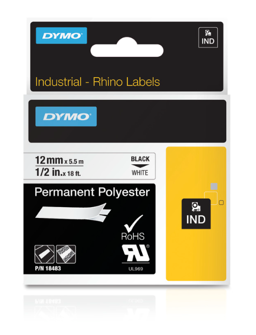 Dymo Rhino Industrial Black on White Polyester Labels, 1/2" x 18', 18483